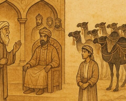 archment-style artwork of a Socotri father before the ruler with forty black camels, Yemeni folktale