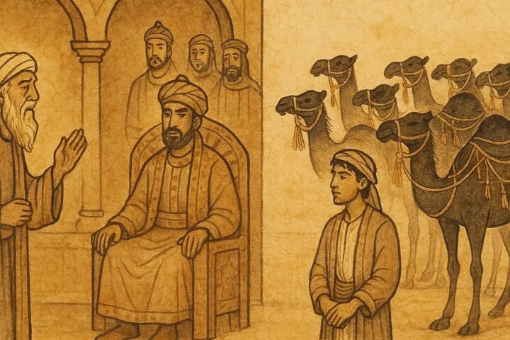 archment-style artwork of a Socotri father before the ruler with forty black camels, Yemeni folktale