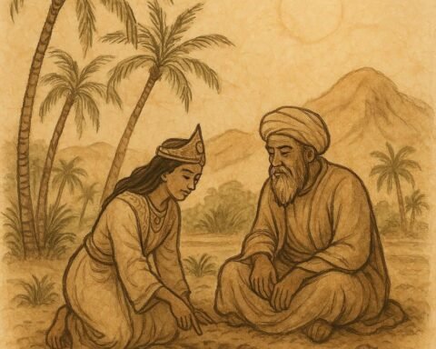 Parchment-style illustration of the silent queen and king in Dhofar, Omani folktale scene.