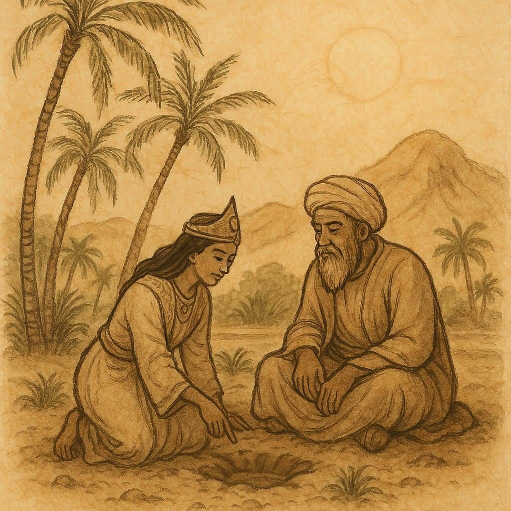 Parchment-style illustration of the silent queen and king in Dhofar, Omani folktale scene.