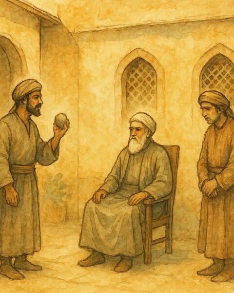 Parchment-style artwork of Judge Abu Assaf with two men in court, Syrian folktale scene