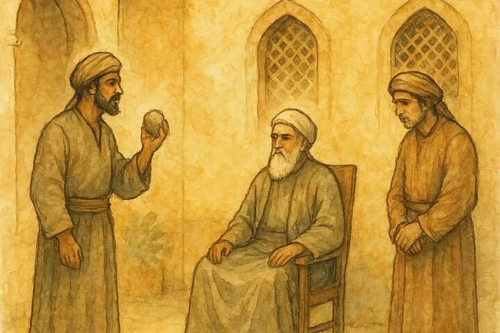Parchment-style artwork of Judge Abu Assaf with two men in court, Syrian folktale scene