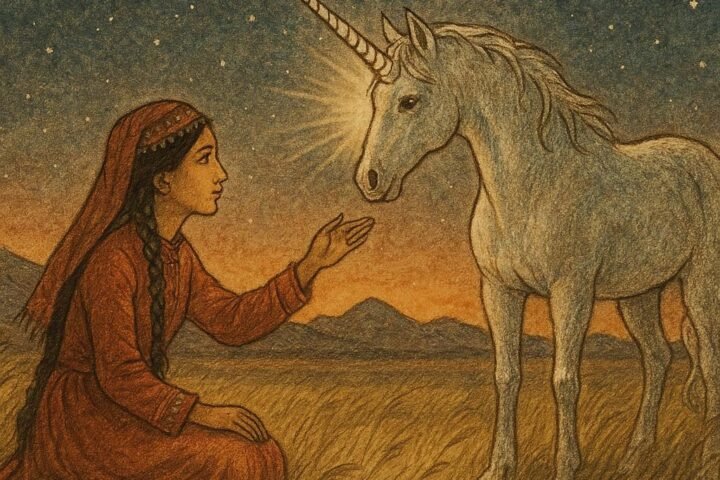 Parchment-style artwork of a Turkmen girl reaching for a radiant unicorn in a starry meadow.