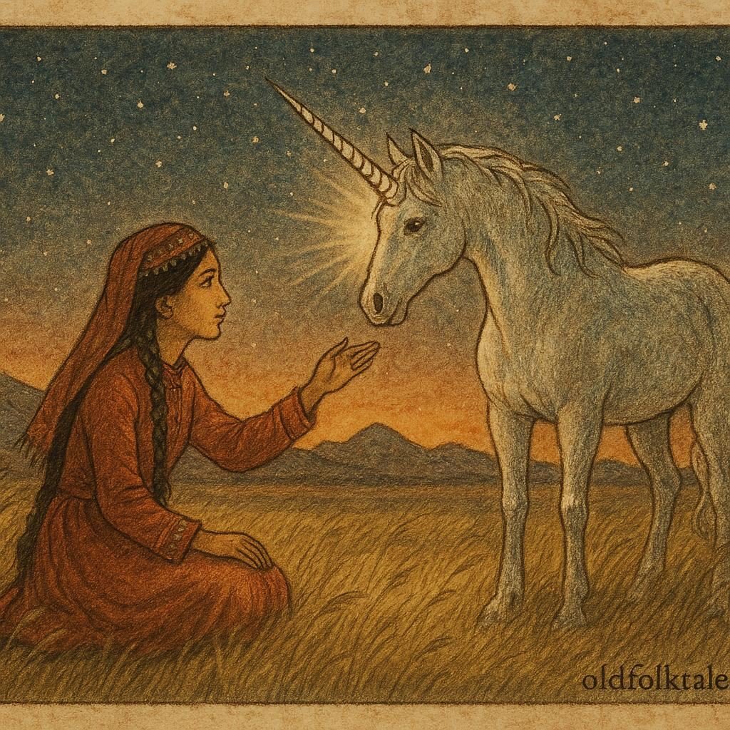 Parchment-style artwork of a Turkmen girl reaching for a radiant unicorn in a starry meadow.
