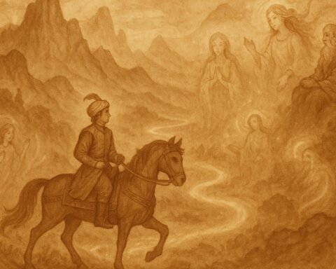 Parchment-style artwork of a Turkish prince on a quest for eternal life, from a Turkish folktale.