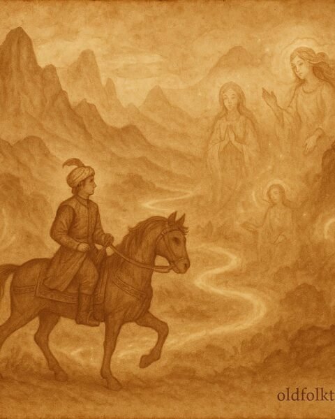 Parchment-style artwork of a Turkish prince on a quest for eternal life, from a Turkish folktale.