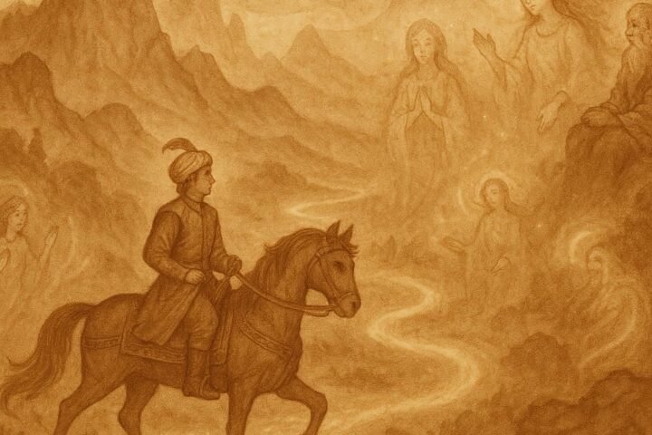 Parchment-style artwork of a Turkish prince on a quest for eternal life, from a Turkish folktale.