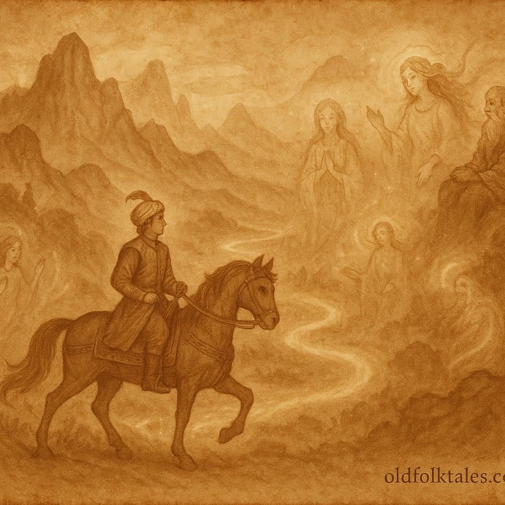 Parchment-style artwork of a Turkish prince on a quest for eternal life, from a Turkish folktale.