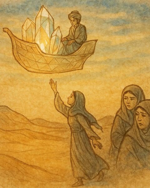 Parchment-style artwork of Jānn prince on crystal ship above desert, Iraqi folktale scene.