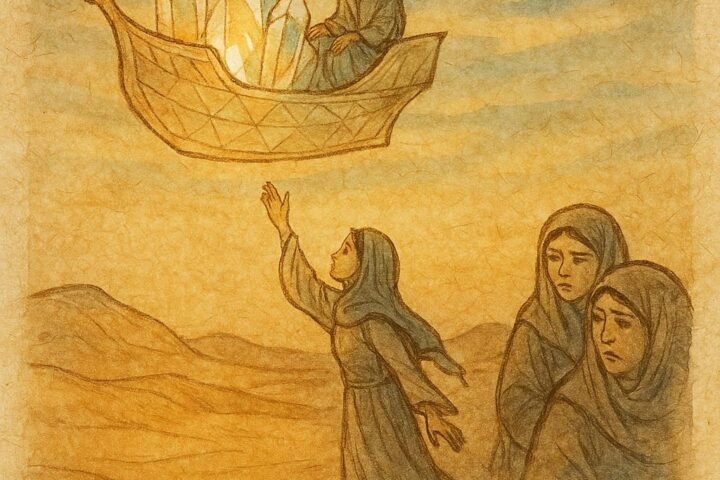 Parchment-style artwork of Jānn prince on crystal ship above desert, Iraqi folktale scene.