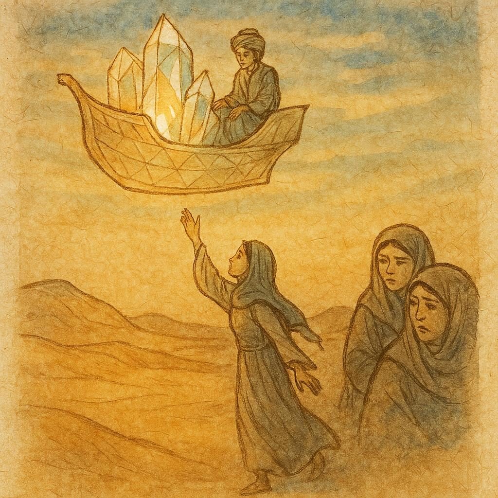 Parchment-style artwork of Jānn prince on crystal ship above desert, Iraqi folktale scene.