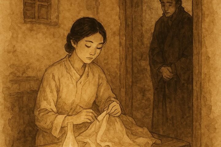 Parchment-style artwork of the Lebanese tailor’s daughter sewing as the prince watches in humility