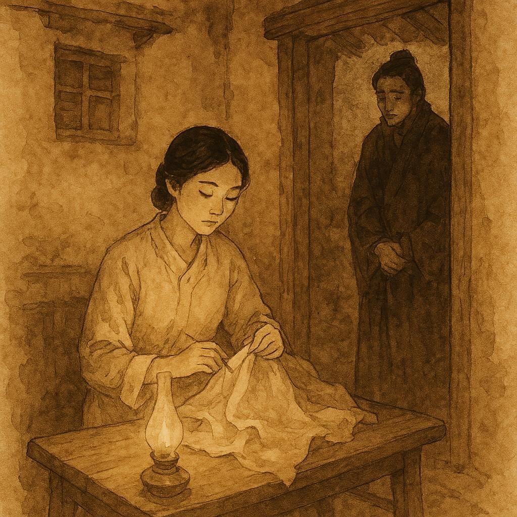 Parchment-style artwork of the Lebanese tailor’s daughter sewing as the prince watches in humility