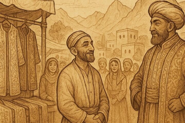 Parchment-style artwork of a Tajik tailor and merchant in a lively market, classic Tajik folktale scene.