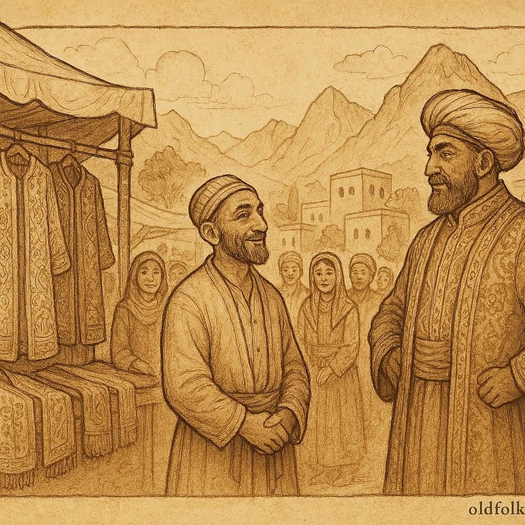 Parchment-style artwork of a Tajik tailor and merchant in a lively market, classic Tajik folktale scene.