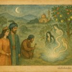 Parchment-style artwork of a shepherd at a moonlit spring with serpent maidens, Persian folktale scene.