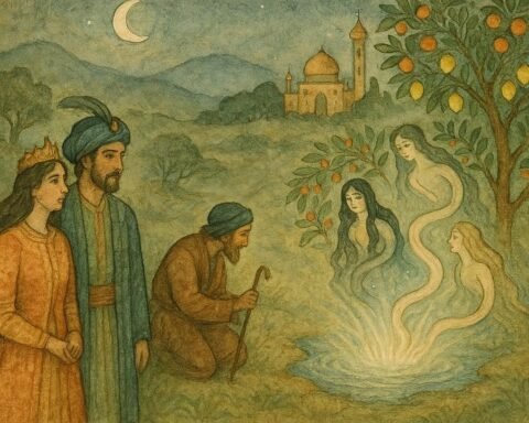 Parchment-style artwork of a shepherd at a moonlit spring with serpent maidens, Persian folktale scene.