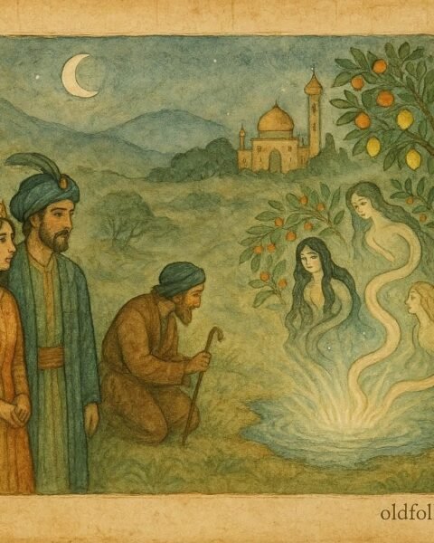 Parchment-style artwork of a shepherd at a moonlit spring with serpent maidens, Persian folktale scene.