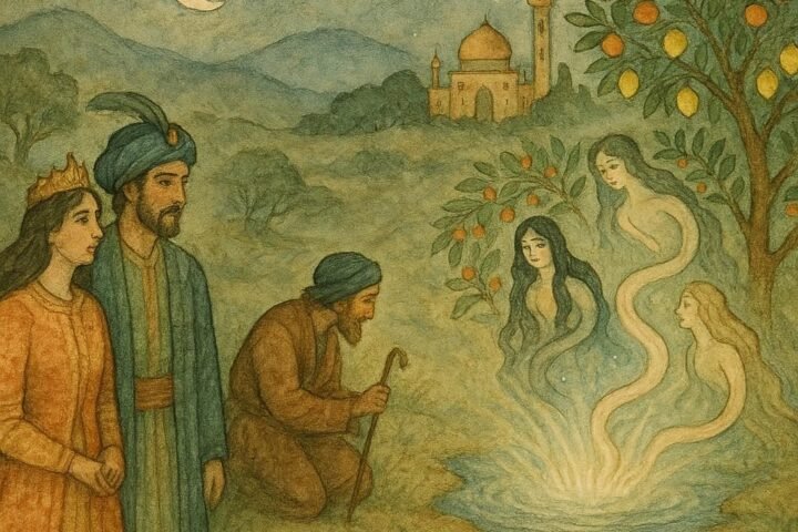 Parchment-style artwork of a shepherd at a moonlit spring with serpent maidens, Persian folktale scene.