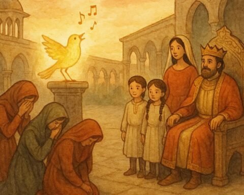 Parchment-style artwork of a magical nightingale revealing truth before a king, Israeli folktale scen