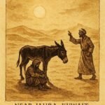 Parchment-style illustration of a traveller and a donkey in the Kuwaiti desert, inspired by a traditional folktale.