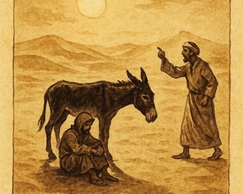 Parchment-style illustration of a traveller and a donkey in the Kuwaiti desert, inspired by a traditional folktale.
