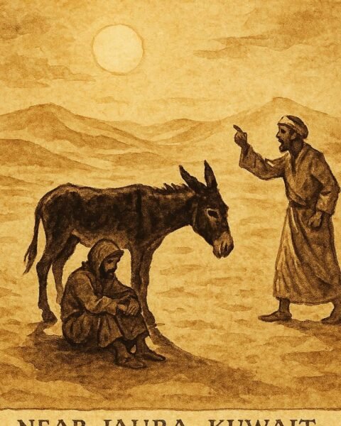 Parchment-style illustration of a traveller and a donkey in the Kuwaiti desert, inspired by a traditional folktale.