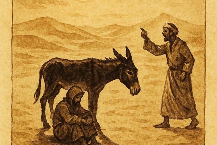 Parchment-style illustration of a traveller and a donkey in the Kuwaiti desert, inspired by a traditional folktale.