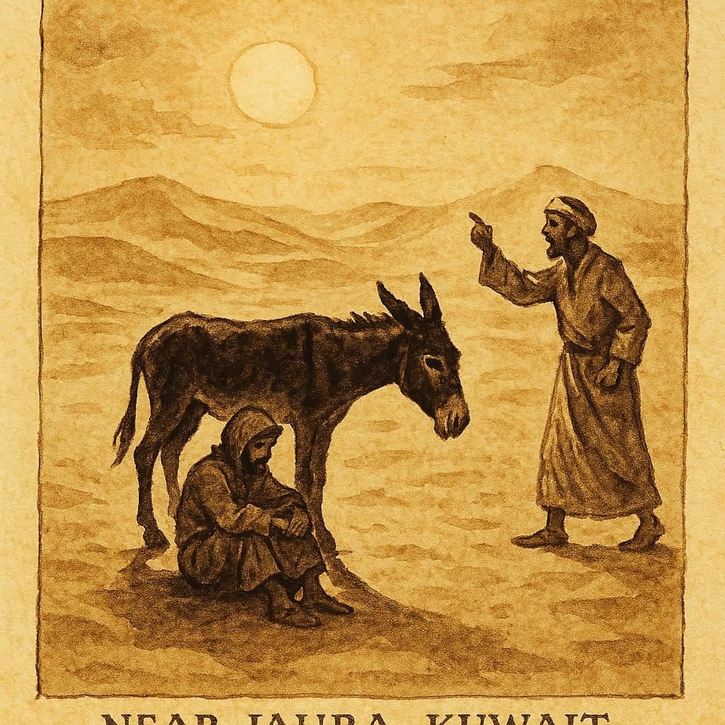 Parchment-style illustration of a traveller and a donkey in the Kuwaiti desert, inspired by a traditional folktale.