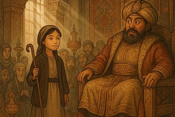 Parchment-style artwork of shepherd girl solving riddles for the Kazakh Khan, Central Asian folktale scene.