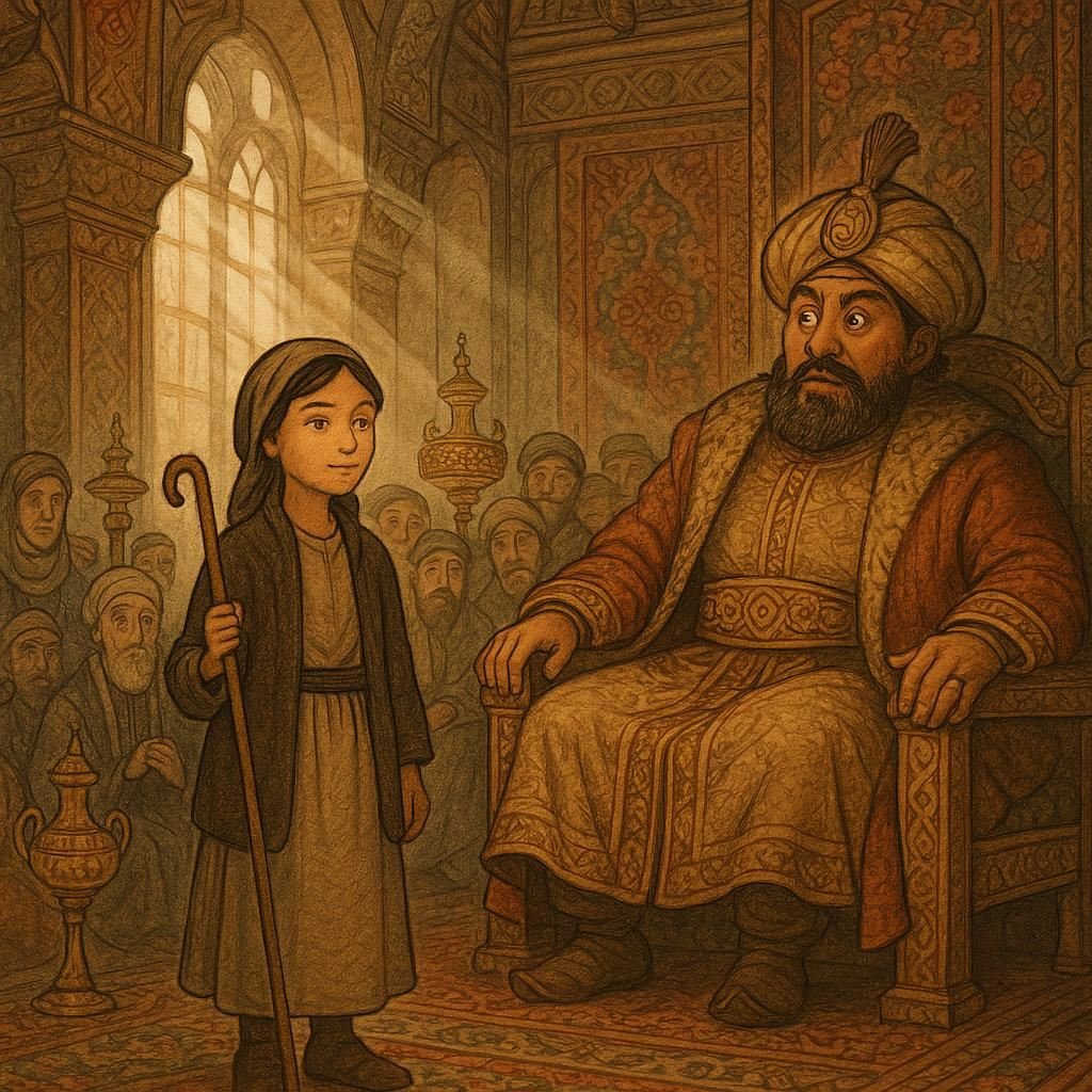 Parchment-style artwork of shepherd girl solving riddles for the Kazakh Khan, Central Asian folktale scene.