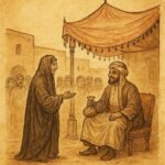 Parchment-style artwork of a wise Kuwaiti widow answering the Emir’s riddle in a desert courtyard.