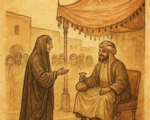 Parchment-style artwork of a wise Kuwaiti widow answering the Emir’s riddle in a desert courtyard.
