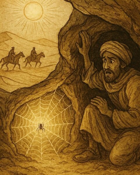 Parchment-style artwork of a traveller hiding as a spider spins a web in a Saudi desert cave