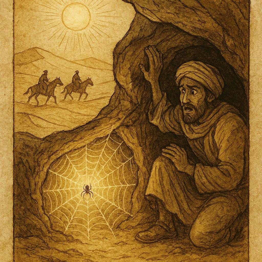 Parchment-style artwork of a traveller hiding as a spider spins a web in a Saudi desert cave