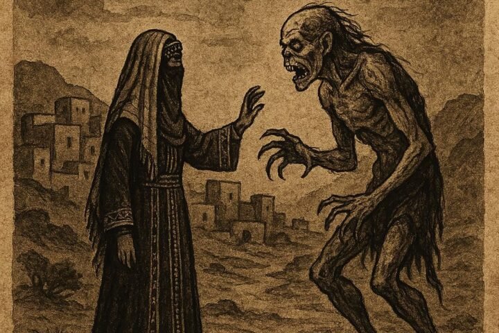 Parchment-style illustration of a brave Jordanian woman confronting a ghoul at night.