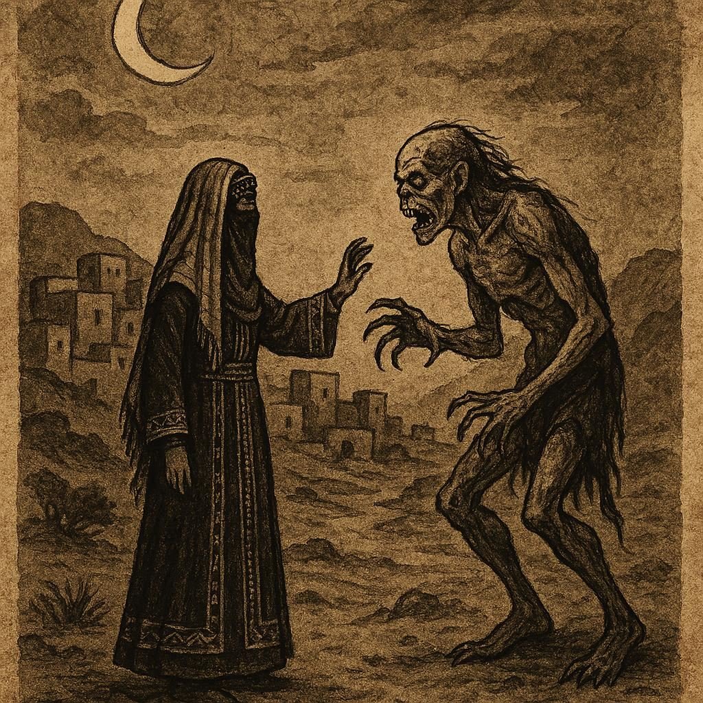 Parchment-style illustration of a brave Jordanian woman confronting a ghoul at night.