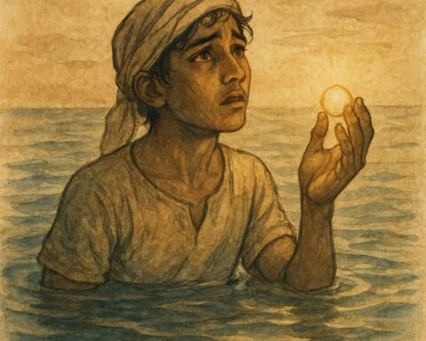Parchment-style artwork of Bahraini pearl diver holding a glowing pearl above calm sea waters