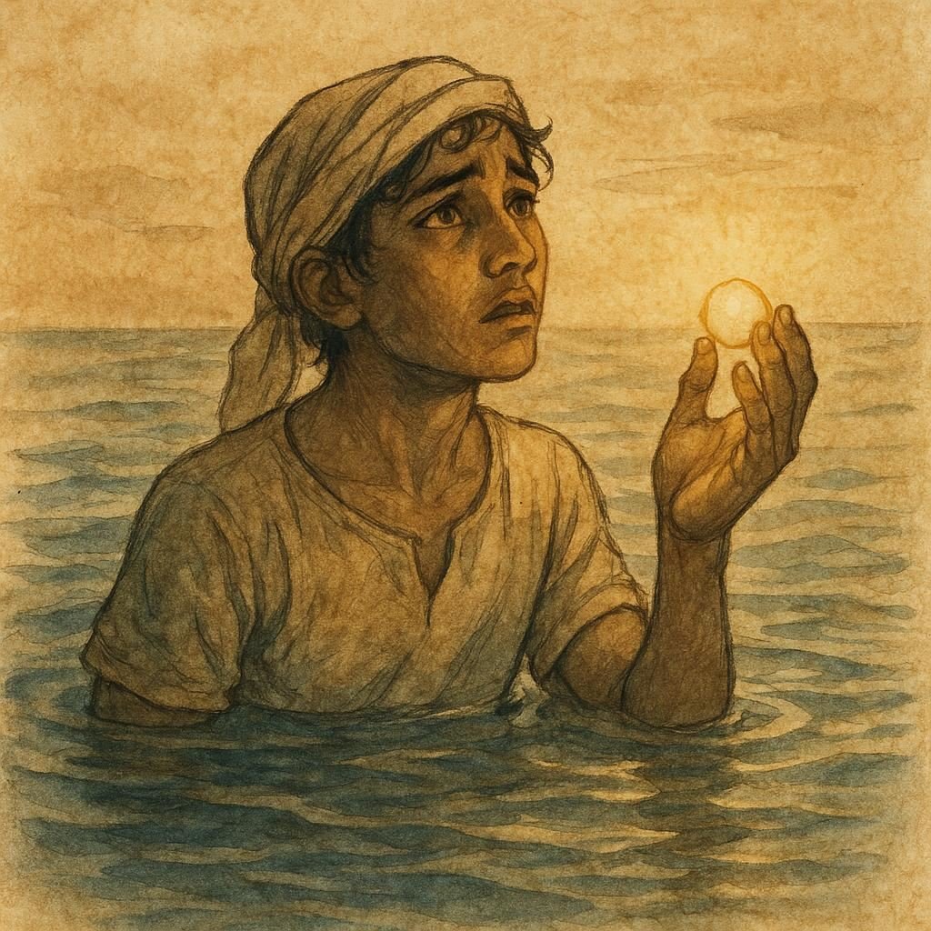 Parchment-style artwork of Bahraini pearl diver holding a glowing pearl above calm sea waters