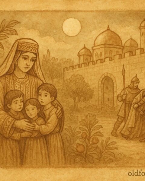 Parchment-style illustration of Queen Pomegranate Seeds embracing her children in a moonlit Palestinian palace scene.