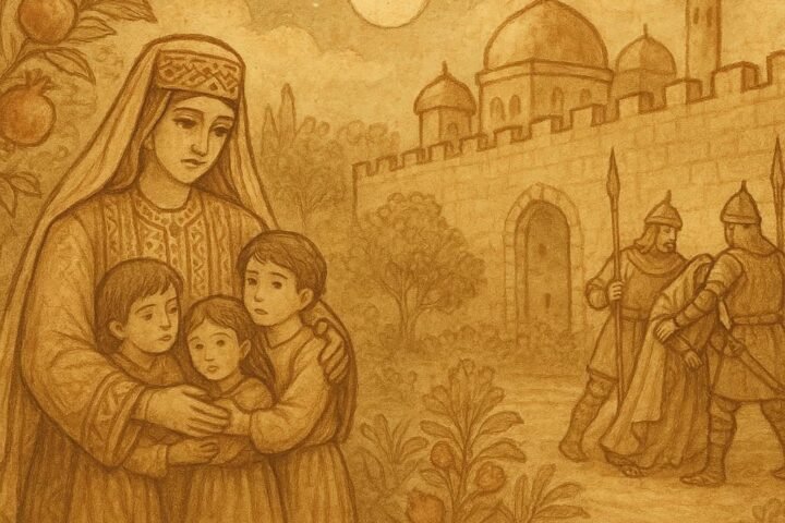 Parchment-style illustration of Queen Pomegranate Seeds embracing her children in a moonlit Palestinian palace scene.