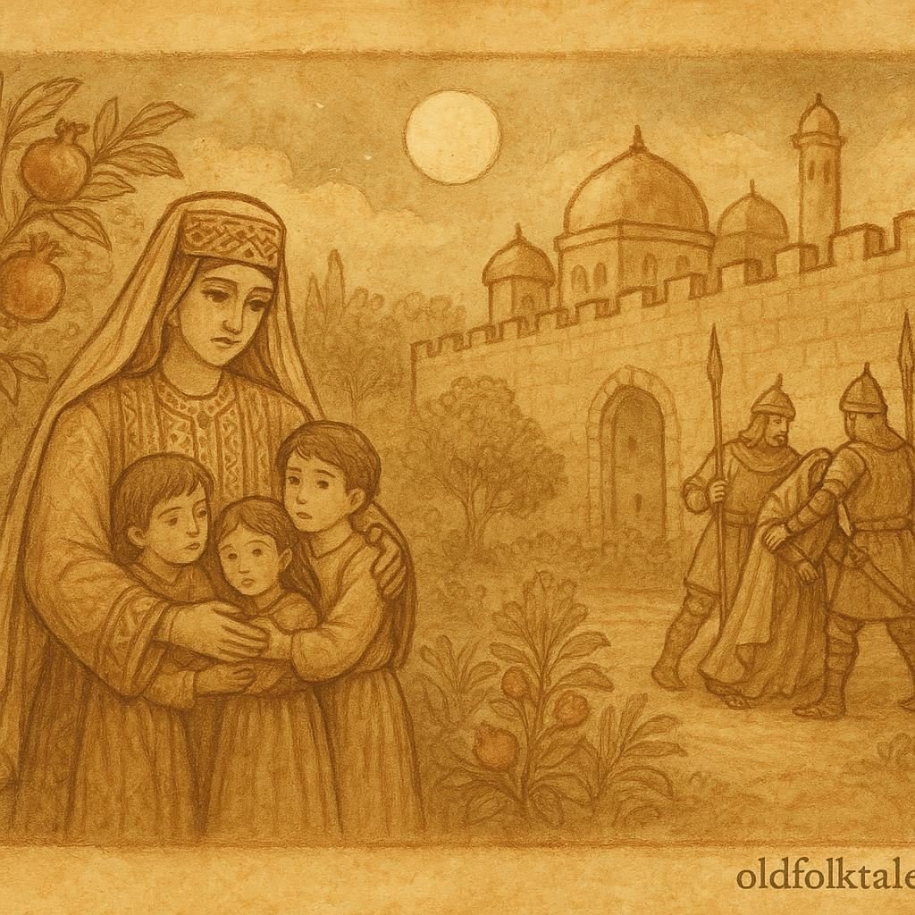 Parchment-style illustration of Queen Pomegranate Seeds embracing her children in a moonlit Palestinian palace scene.