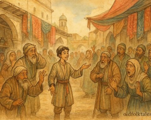 Parchment-style artwork of a young man exposing lies in an Uzbek marketplace, folktale scene.
