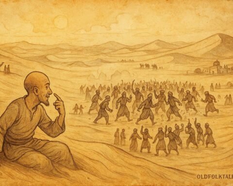 Parchment-style illustration of a bald man outsmarting 40 thieves in an Uzbek desert.