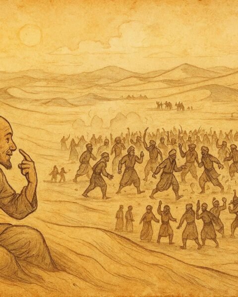 Parchment-style illustration of a bald man outsmarting 40 thieves in an Uzbek desert.