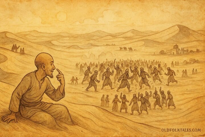 Parchment-style illustration of a bald man outsmarting 40 thieves in an Uzbek desert.