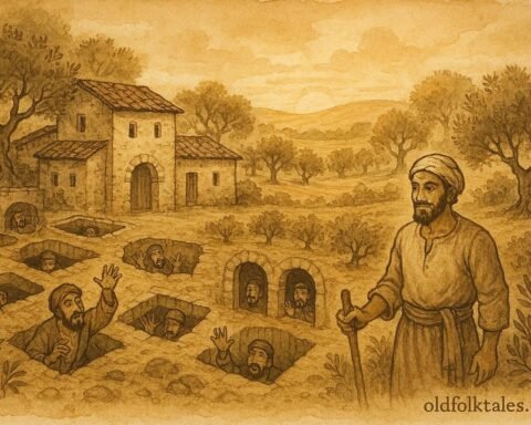 Parchment-style illustration of Abu 'Aly outsmarting forty thieves in a Palestinian village.