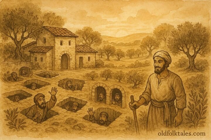 Parchment-style illustration of Abu 'Aly outsmarting forty thieves in a Palestinian village.