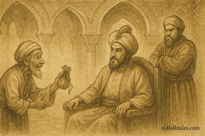 Parchment-style illustration of Abu Mahjouz shaking coins before the Sultan in a Jordanian folktale scene.