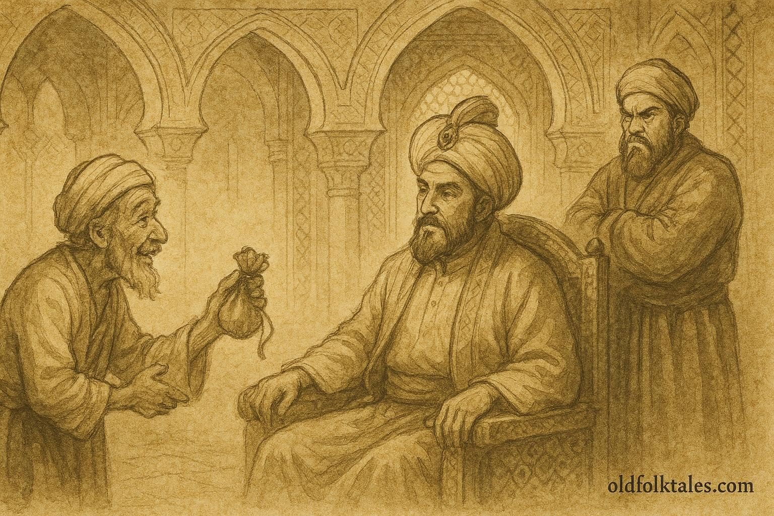 Parchment-style illustration of Abu Mahjouz shaking coins before the Sultan in a Jordanian folktale scene.